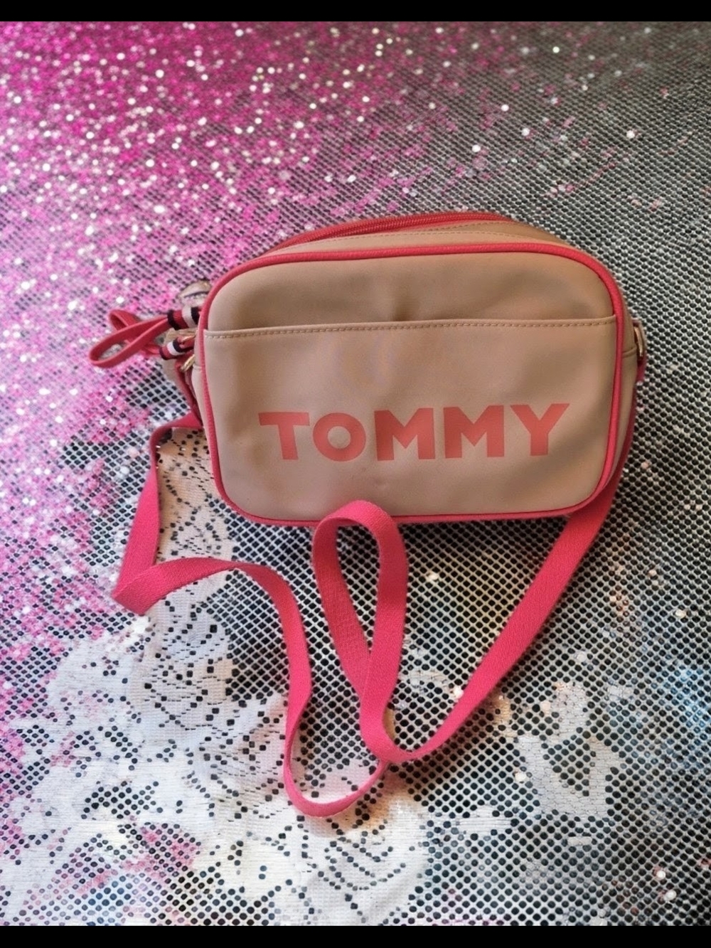 Tommy Hilfiger Pink Crossbody Camera Bag with Hot Pink Trim